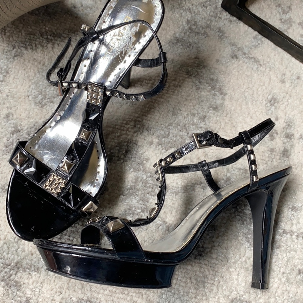 Black platform heeled sandal with studs